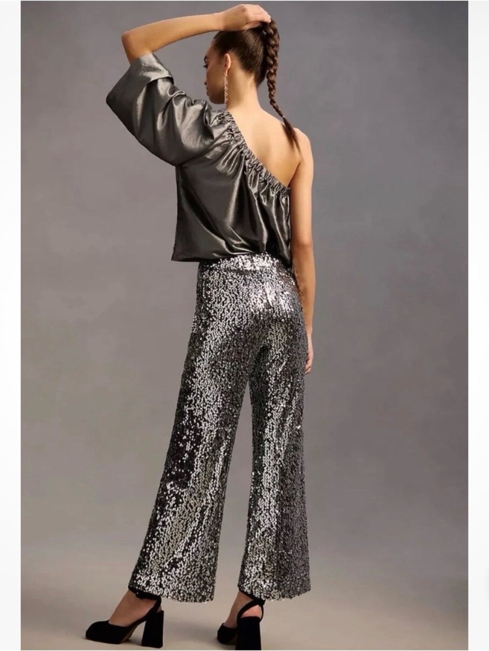 Maeve Anthropologie Sequin Wide-Leg Pants Silver - party Vegas nightclub - Picture 2 of 7
